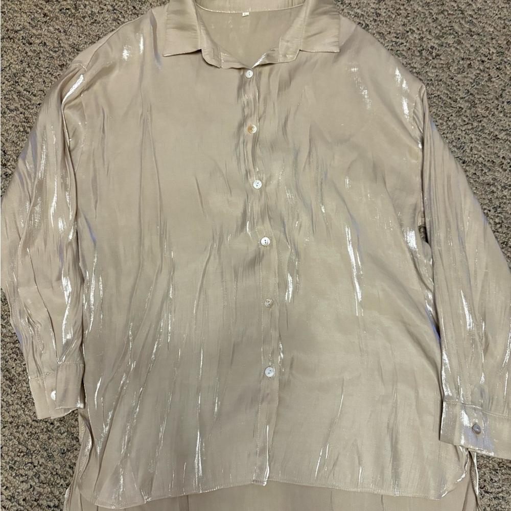 Women's Beige Shimmer Button Down Shirt